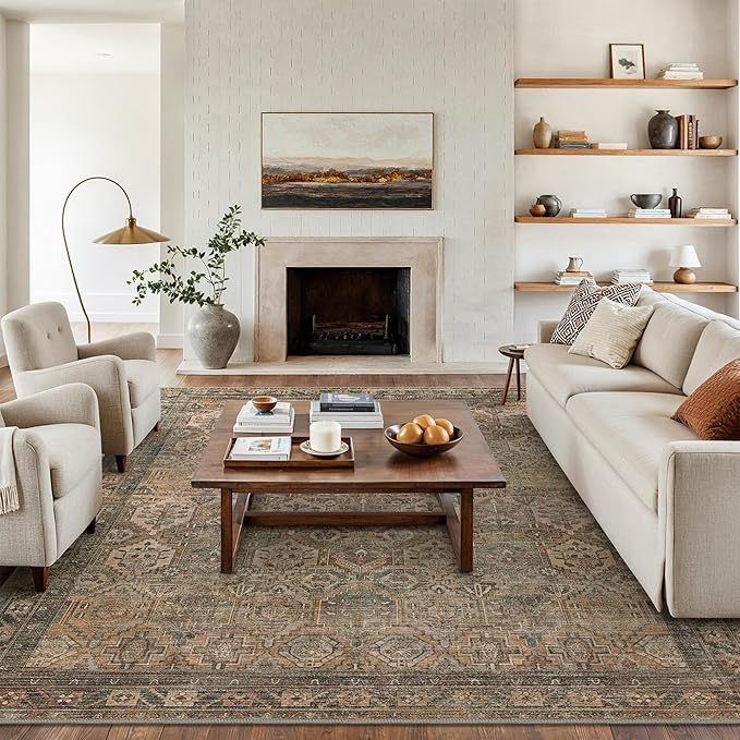 Bavni Washable Rug 6x9 Area Rug for Living Room Bedroom Dining, Washable Vintage Print Carpet, Ultra-Thin Chenille Low Pile Lightweight Rug with Non Slip Backing, Warm Taupe
