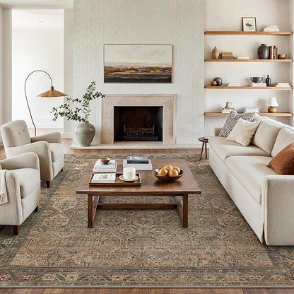 Bavni Washable Rug 6x9 Area Rug for Living Room Bedroom Dining, Washable Vintage Print Carpet, Ultra-Thin Chenille Low Pile Lightweight Rug with Non Slip Backing, Warm Taupe