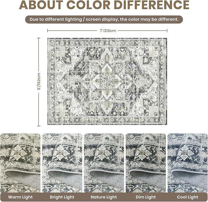 zesthome 5x7 Washable Rug-Stain Resistant Area Rugs for Living Room, Ultra-Thin Vintage Rugs, Non-Slip Backing Rug, Low Pile Large Area Rug, Boho Home Decor