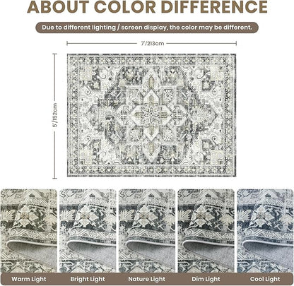 zesthome 5x7 Washable Rug-Stain Resistant Area Rugs for Living Room, Ultra-Thin Vintage Rugs, Non-Slip Backing Rug, Low Pile Large Area Rug, Boho Home Decor