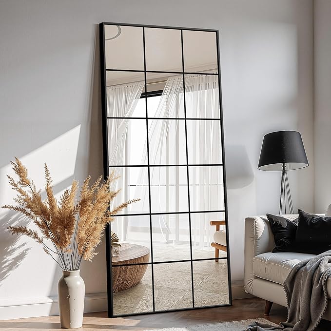 Large Window Pane Full Length Mirror for Wall, 30"x70" Oversize Black Full Body Wall Mirror for Living Room, Bedroom, Entryway, Hanging or Leaning