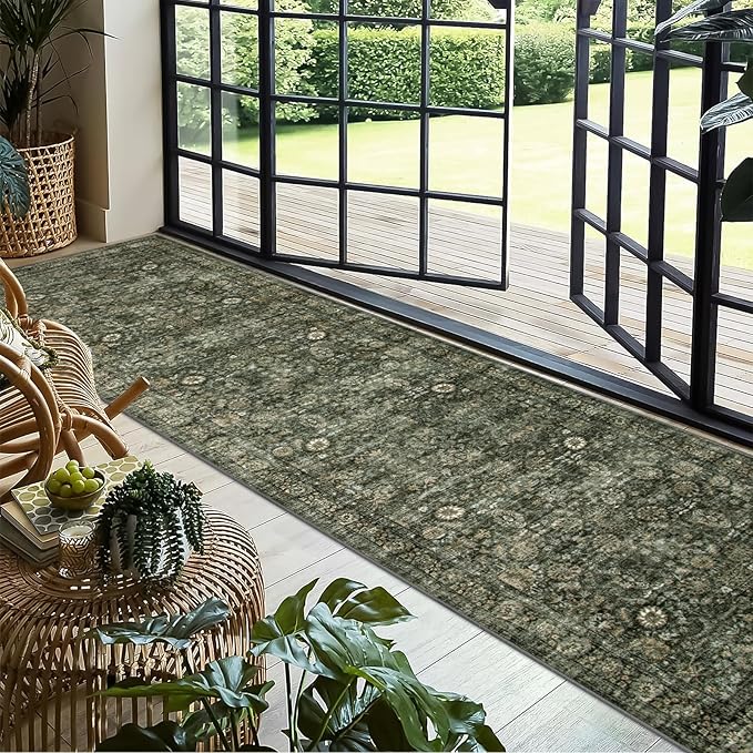 Morebes Vintage 2.5x10 Runner Rug for Hallway Non Slip,Washable Kitchen Runner Rug for Entryway Indoor,Super Soft Faux Wool Rug for Farmhouse Dining Room Indoor Playroom, Dark Green