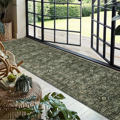 Morebes Vintage 2.5x10 Runner Rug for Hallway Non Slip,Washable Kitchen Runner Rug for Entryway Indoor,Super Soft Faux Wool Rug for Farmhouse Dining Room Indoor Playroom, Dark Green