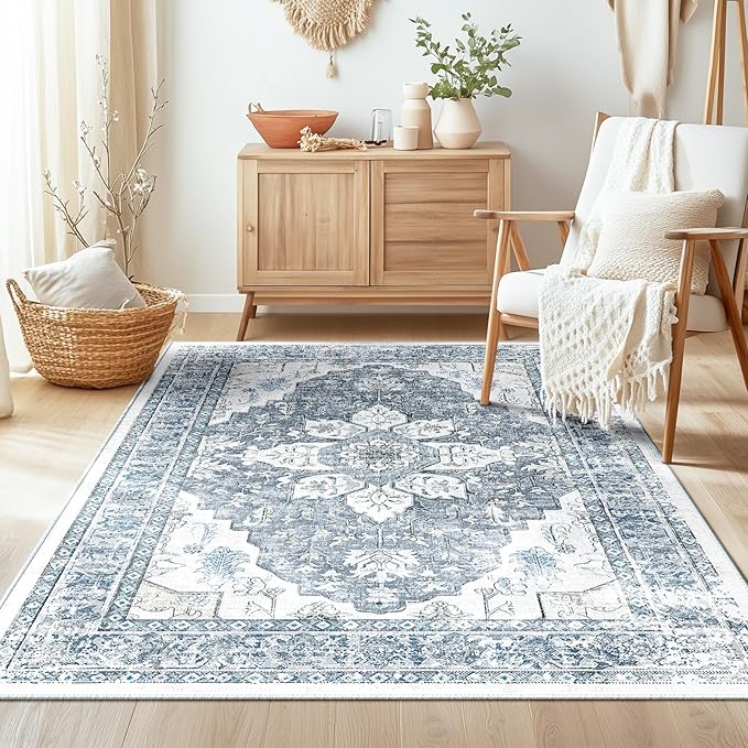 BESTSWEETIE 4x6 Area Rug Washable Rugs for Living Room, No Pile Boho Carpet for Entryway Bedroom Dinning Room, Vintage Carpet Print Distressed Non-Slip, 4 x 6 ft, Blue Grey White