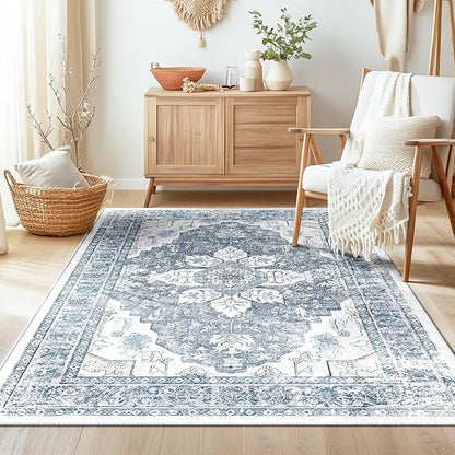 BESTSWEETIE 4x6 Area Rug Washable Rugs for Living Room, No Pile Boho Carpet for Entryway Bedroom Dinning Room, Vintage Carpet Print Distressed Non-Slip, 4 x 6 ft, Blue Grey White