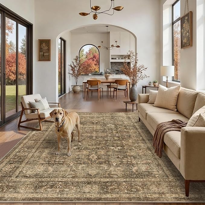 5x7 Brown Washable Area Rugs for Living Room Non Slip Low Pile Vintage Boho Throw Rug Soft Retro Distressed Floral Carpet Indoor Farmhouse Decor for Bedroom Dining Room Office Kitchen Playroom