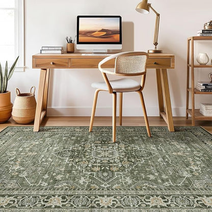 7x10 Area Rug Living Room: Washable Boho Large Neutral Vintage Soft Rugs Stain Resistant Farmhouse Non Slip Indoor Floor Carpet for Bedroom Nursery Kids Playroom Office Dining Room Home- Dark Green