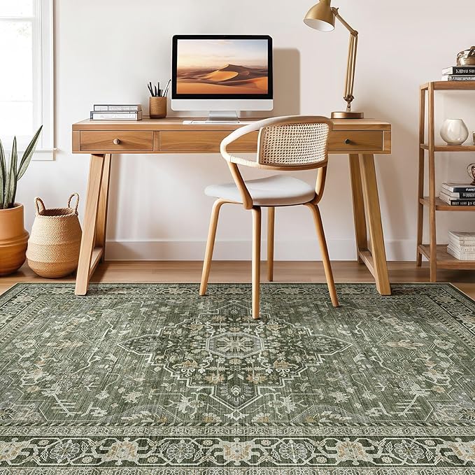 6x8 Area Rug Living Room: Washable Boho Large Neutral Vintage Soft Rugs Stain Resistant Farmhouse Non Slip Indoor Floor Carpet for Bedroom Nursery Kids Playroom Office Dining Room Home- Dark Green