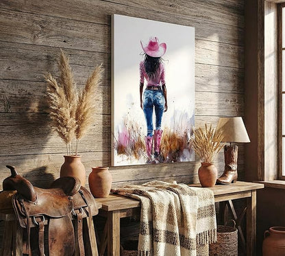 Pink Black Girl Canvas Wall Art Fashion Cowgirl Wall Decor Picture West African American Girl Wilderness Cowgirl Poster Printing for Teen Girls Room Preppy Dormitory Bedroom Artwork Home Decoration