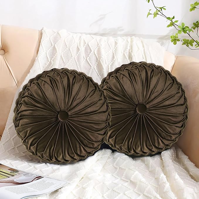 HIG Set of 2 Decorative Round Pleated Throw Pillows,Classy Accent Pumpkin Throw Pillows with Center Button,Vintage Velvet Floor Pillows for Sofa Vanity Chair Bed,Chocolate,14.5" Diameter(Ripple)