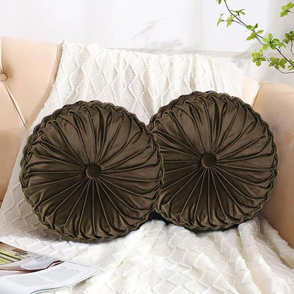 HIG Set of 2 Decorative Round Pleated Throw Pillows,Classy Accent Pumpkin Throw Pillows with Center Button,Vintage Velvet Floor Pillows for Sofa Vanity Chair Bed,Chocolate,14.5" Diameter(Ripple)
