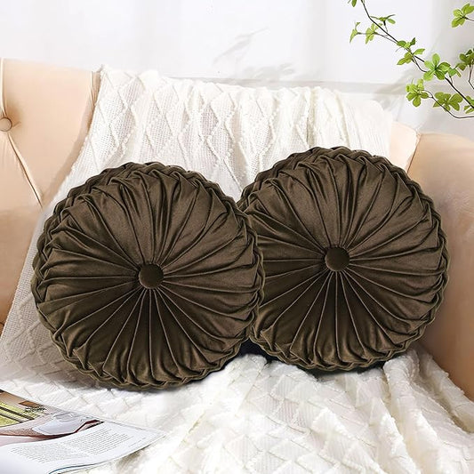 HIG Set of 2 Decorative Round Pleated Throw Pillows,Classy Accent Pumpkin Throw Pillows with Center Button,Vintage Velvet Floor Pillows for Sofa Vanity Chair Bed,Chocolate,14.5" Diameter(Ripple)