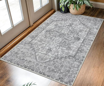 KOZYFLY Boho Area Rug 3x5 Ft Rugs for Entryway Washable Entry Rug Non Slip Door Mat Indoor Entrance Printed Faux Wool Throw Rugs for Entrance Kitchen Living Room, Gray