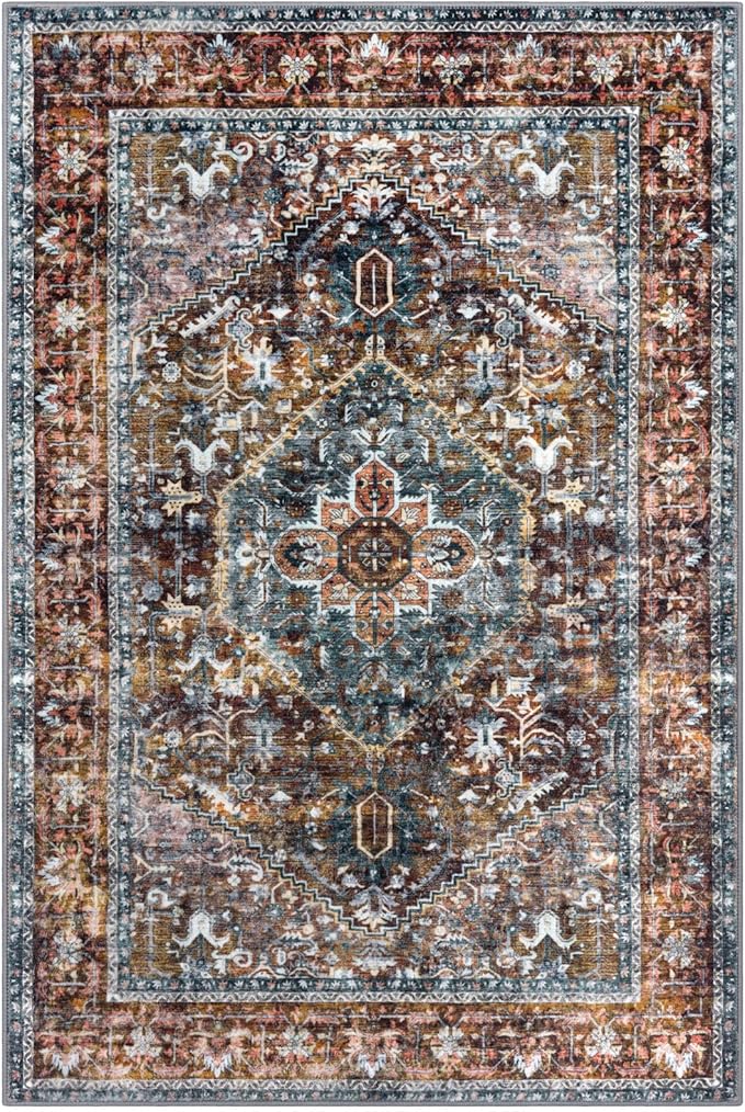 KOZYFLY Boho Area Rug 8x10 Ft Thin Rugs for Living Room Washable Bedroom Rug Non Slip Rugs Printed Faux Wool Vintage Bedroom Rug Floor Carpet for Dining Room Living Room, Brick Red/Orange/Green
