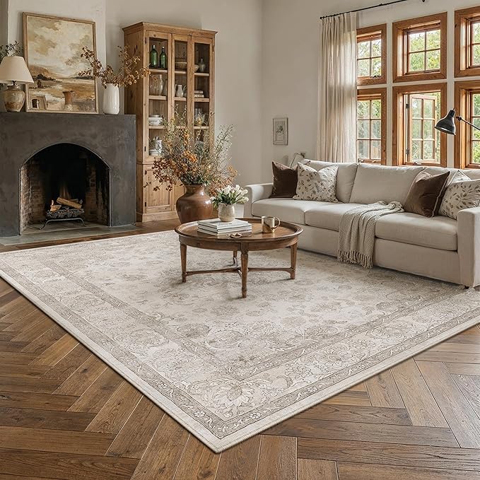 PureCozy Beige Area Rug 9x12 Washable Vintage Living Room Bedroom Carpet Non Slip Soft Low Pile Distressed Medallion Indoor Floor Retro Throw Large Rug for Dining Room Office