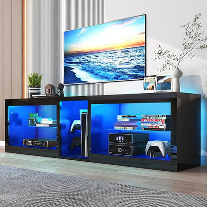 Vinctik 6&Fox 71inch Large High Gloss LED TV Stands w/Power Outlet,60,000-Colors Lighting for 70 75 80inch TV,Modern Black LED Entertainment Center w/Adjustable Glass Shelves for Living Room Gameroom