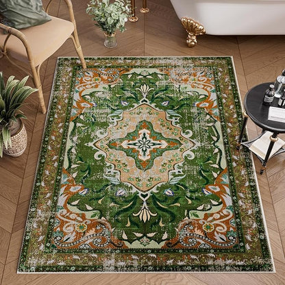 RUSHUFFY 2x3 Washable Small Rug Door Mat, Rugs for Entryway, Vintage Boho Distressed Print Pattern Non-Slip Carpet, Throw Rug for Indoor Entrance Kitchen Bedroom Bathroom Laundry Floor, Dark Green
