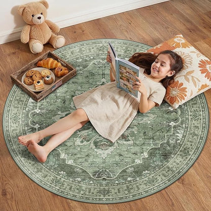 RELEANY Area Rugs Round 4ft Washable Non-Slip, Floral Vintage Distress Print Pattern Medallion Carpet for Living Room Bedroom Dining Room, Dark Green Gray