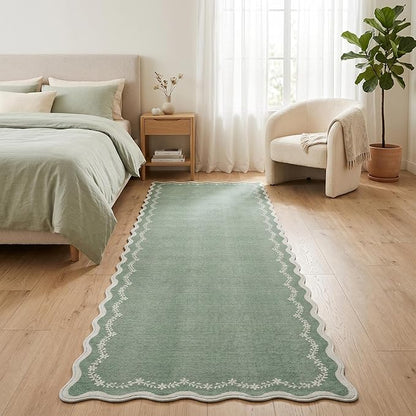 GarveeHome 2.5x8 Scalloped Washable Runner Rug for Kitchen, Soft Green Long Hallway Runner Non Slip Entryway Rug Farmhouse Thin Laundry Mat Stain Resistant Carpet for Bathroom Beside Rug