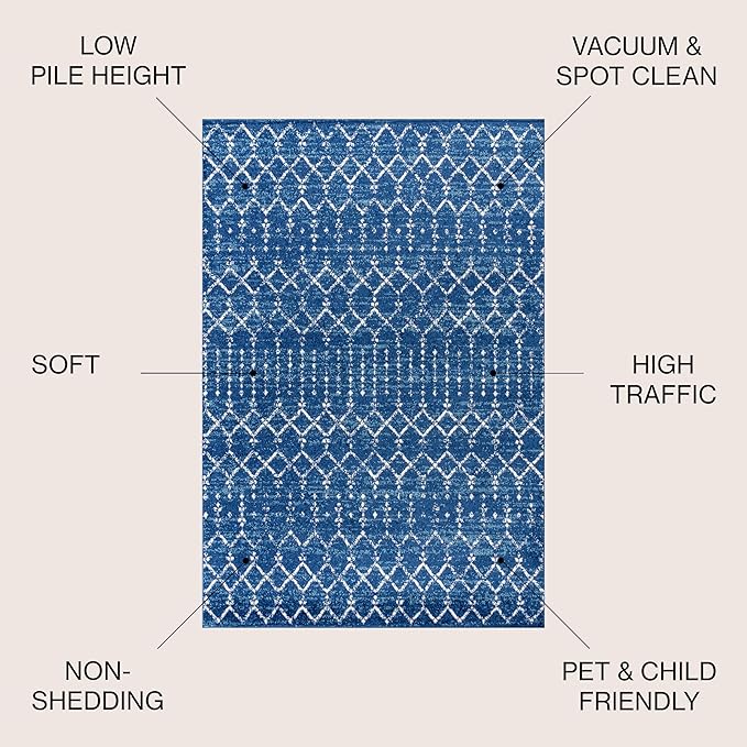 JONATHAN Y Boho Vintage Diamond Blue/White Indoor Area Rug 3X5 ft, Moroccan Hype for Living Room, Bedroom, Kitchen, Office, Easy-Cleaning, High Traffic, Pet-Friendly, Non-Shedding (MOH101A-3)