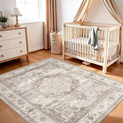 Washable Area Rugs 4x5 Entryway: Soft Ultra Thin Low Pile Mat Machine Washable Indoor Doormat Lightweight Entry Rug Anti Slip Backing Rugs for Living Room Bedroom Kitchen 4'x5' Beige