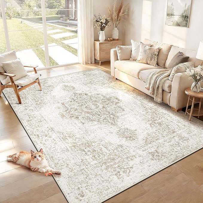 5x7 Area Rugs for Living Room, Washable Vintage Boho Neutral Medallion Rug Non Slip Low Pile Floor Carpet for Bedroom Nursery Dining Room (Beige, 5'x7')