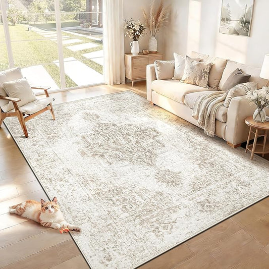 5x7 Area Rugs for Living Room, Washable Vintage Boho Neutral Medallion Rug Non Slip Low Pile Floor Carpet for Bedroom Nursery Dining Room (Beige, 5'x7')