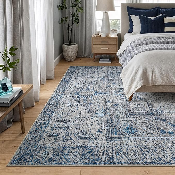 Bloom Rugs Washable Non-Slip 8' x 10' Rug - Blue/Gray Traditional Area Rug for Living Room, Bedroom, Dining Room, and Kitchen - Exact Size: 8' x 10'