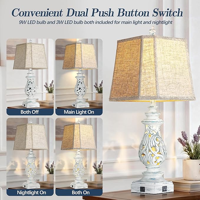 PARTPHONER 29" Table Lamps Set of 2, Bedside Lamps with USB A+C Ports & Night Light, Farmhouse Nightstand Lamps with Linen Fabric Shades for Bedroom Living Room, Washed Blue (LED Bulbs Included)