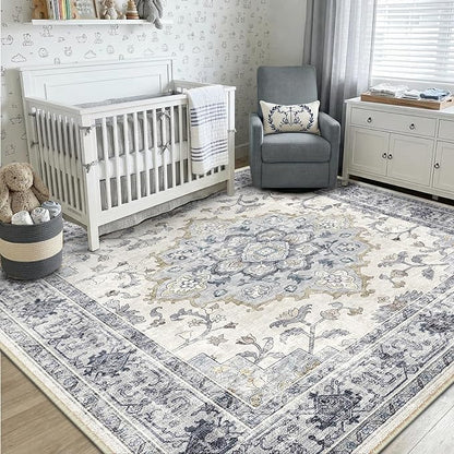 CAPALOCA Machine Washable Rugs Nursery Rug Sq6ft Cute Girl Non Slip Low Pile Water Repellent Soft Print Pattern for Bedroom Indoor Decor Kids Playroom Blue White