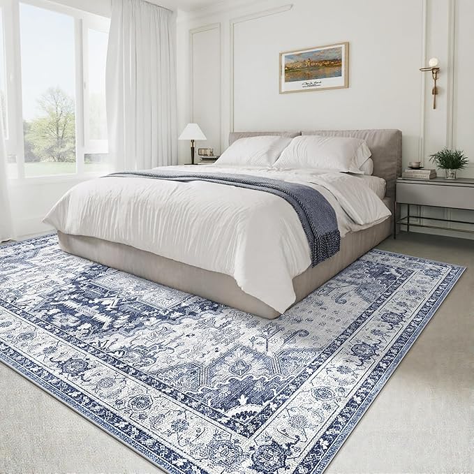 Washable 5x7 Area Rug - Soft Indoor Blue Non Slip Rugs for Living Room Bedroom Low Pile Stain Resistant Vintage Carpet for Home Decor Mat (Navy/Blue,5'x7')