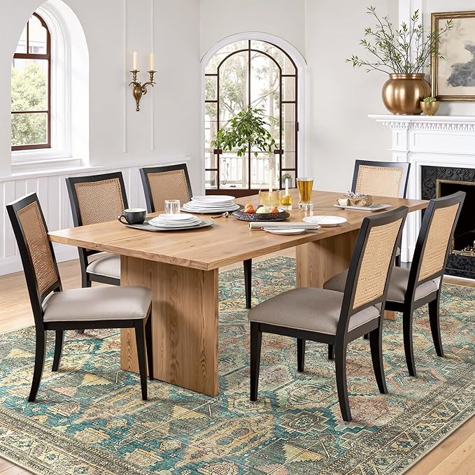 Bavni Washable Rug 8x10 Area Rug for Living Room Bedroom Dining, Washable Vintage Print Carpet, Ultra-Thin Low Pile Lightweight Rug with Non Slip Backing, Multi Green