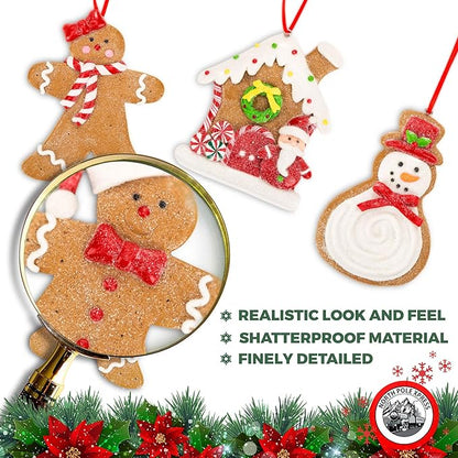 Gingerbread Christmas Ornaments - Man Boy Girl Gingerbread House Snowman Cookie Rustic Christmas Decorations Set of 4 - Claydough Christmas Tree Decorations - Christmas Tree Ornaments with Gift Box