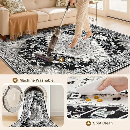 6x9 Washable Area Rugs for Living Room: Non Slip Vintage Black Rug, Large Soft Stain Resistant Indoor Floor Carpets for Bedroom Dining Room Nursery Home Office Kid & Pet Friendly