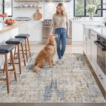 ZHXXUJ 7x7 Square Washable Area Rug, Non-Slip Indoor Rug for Living Room Bedroom Dining Room, Low Pile Stain Resistant Modern Abstract Neutral (Blue Brown)
