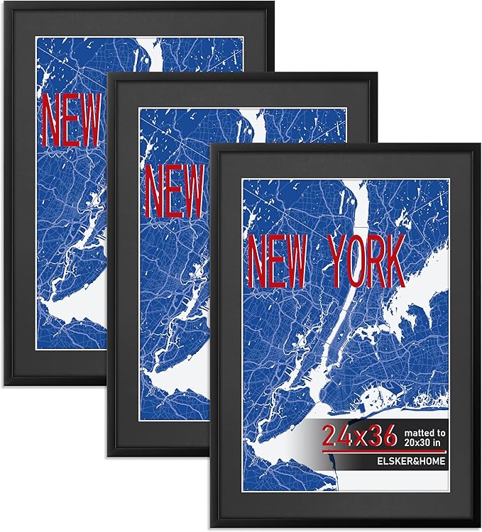 ELSKER&HOME 24x36 Poster Frame 3 Pack, Black Frame Display 20x30 Photo with Mat or 24x36 Picture Frames without Mat, Horizontal and Vertical Wall Mounting