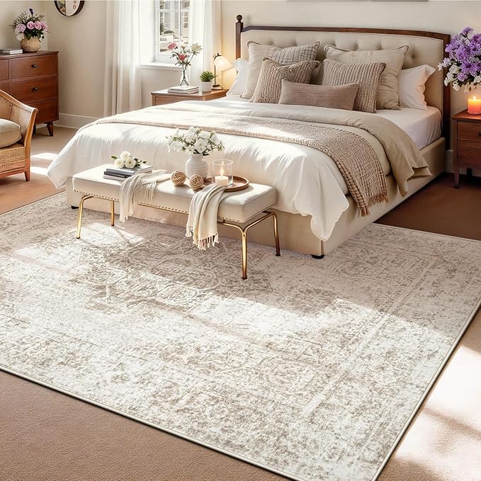 5x7 Area Rugs for Living Room, Washable Vintage Boho Neutral Medallion Rug Non Slip Low Pile Floor Carpet for Bedroom Nursery Dining Room (Beige, 5'x7')