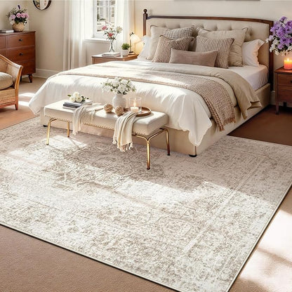 5x7 Area Rugs for Living Room, Washable Vintage Boho Neutral Medallion Rug Non Slip Low Pile Floor Carpet for Bedroom Nursery Dining Room (Beige, 5'x7')