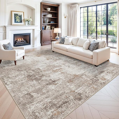 12x12ft Square Living Room Rug – Non-Slip Washable Extra Large Floor Carpet for Bedroom, Dining Room, Playroom Room – Modern Abstract Neutral Thin Low-Pile Big Indoor Rug (Beige Grey)