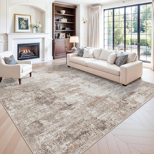 12x12ft Square Living Room Rug – Non-Slip Washable Extra Large Floor Carpet for Bedroom, Dining Room, Playroom Room – Modern Abstract Neutral Thin Low-Pile Big Indoor Rug (Beige Grey)