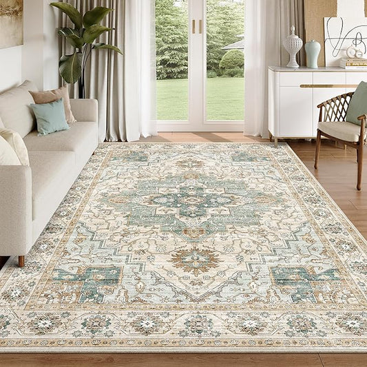 6x9 Area Rugs for Living Room, Machine Washable Non Slip Vintage Rug, Non-Slip Stain Resistant, Large Soft Home Decor Rug for Bedroom Dining Room (Green/Beige, 6'x9')