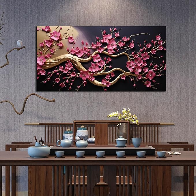 Ouzzlie Flower Wall Decor for Office Plum Blossom Tree Picture Black Canvas Art Gold Artwork Print for Bedroom Living Room 24" x 48"