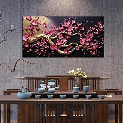 Ouzzlie Flower Wall Decor for Office Plum Blossom Tree Picture Black Canvas Art Gold Artwork Print for Bedroom Living Room 24" x 48"