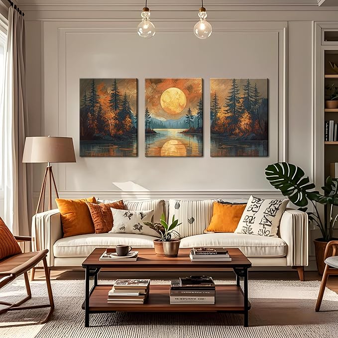 Framed Gold Mountain Forest Sunset Landscape Wall Art Set of 3, Abstract Boho Lakeside Forest Sunset Wall Decor, Vintage Nature Landscape Canvas Prints Poster for Living Room Bedroom Office 16x24 Inch