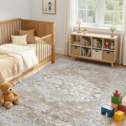 5x7 Washable Area Rugs for Living Room: Non Slip Vintage Brown Gray Rug, Large Soft Stain Resistant Indoor Floor Carpets for Bedroom Dining Room Nursery Home Office Kid & Pet Friendly