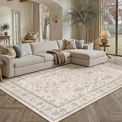PureCozy 5x7 Area Rug Beige Washable Vintage Carpet Living Room Bedroom Non Slip Stain Soft Resistant Low Pile Thin Boho Accent Indoor Throw Rug for Dining Room Office