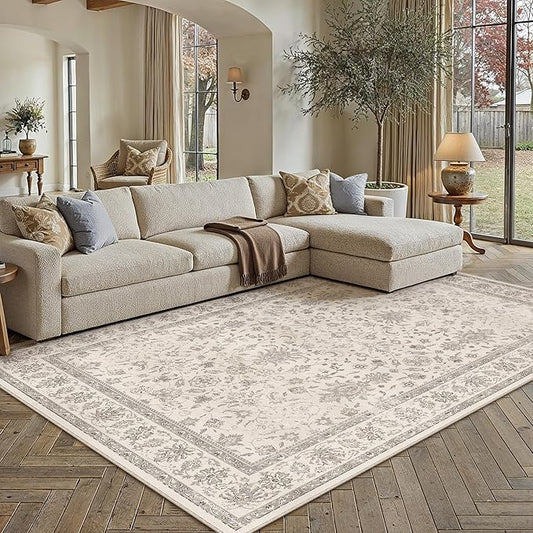 PureCozy 5x7 Area Rug Beige Washable Vintage Carpet Living Room Bedroom Non Slip Stain Soft Resistant Low Pile Thin Boho Accent Indoor Throw Rug for Dining Room Office