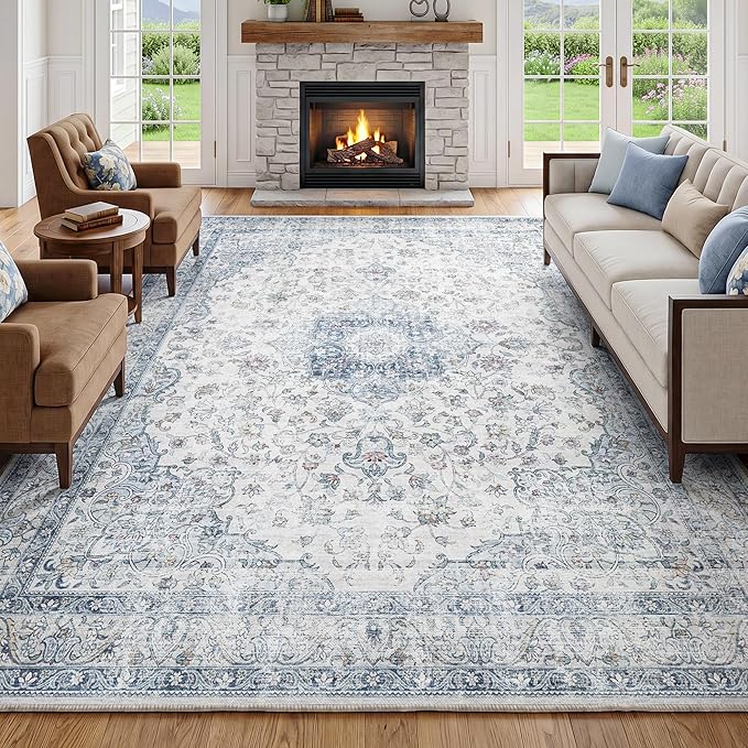 FMFUNCTEX 6x9 Blue Washable Area Rug Vintage Distressed Oriental Non Slip Low Pile Neutral Indoor Carpet for Living Room Bedroom Soft Retro Floral Thin Large Rug for Dining Nursery Office Dorm