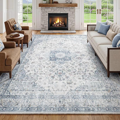 FMFUNCTEX 9x12 Blue Washable Area Rug Vintage Distressed Oriental Non Slip Low Pile Neutral Indoor Carpet for Living Room Bedroom Soft Retro Floral Thin Large Rug for Dining Nursery Office Dorm