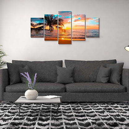 Abstract Framed Canvas Wall Art Art - Ocean Beach Sea Photo Strenth Framed Wall Art,Abstract Landscape Blue Sky Beach pictures Wall Art Canvas Print for Room Home Decorations (C-5pcs,60"x30")